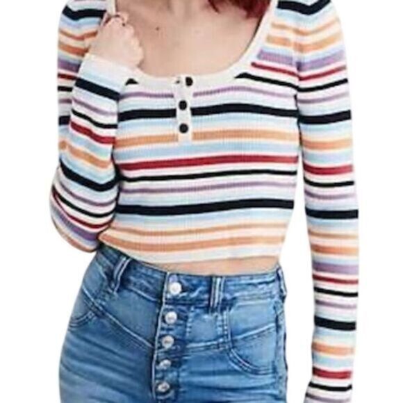 American Eagle Women's Striped Knit Cropped Henley Top Long Sleeve Size M - Picture 1 of 5